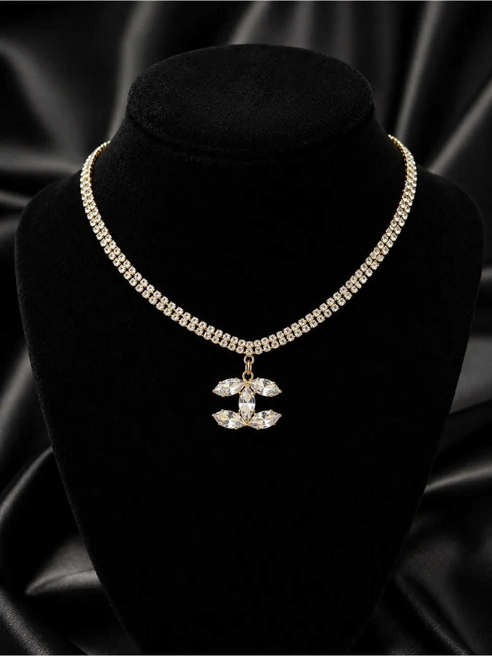 Gold Rhinestone Crystal CC Pendant Choker Necklace
